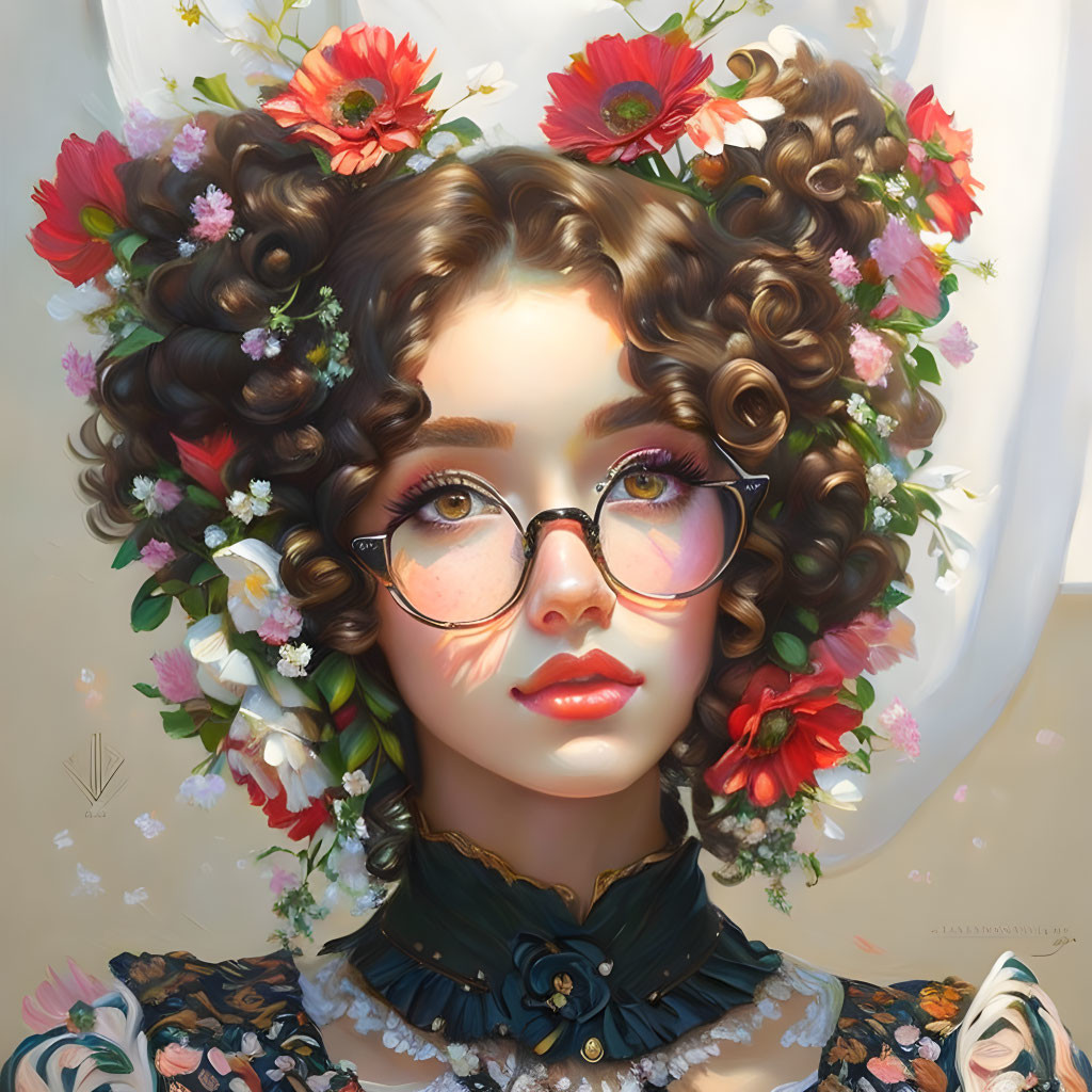 Stylized portrait of woman with curly brown hair and floral attire