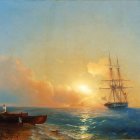 Maritime painting: Sailing ships on ocean at sunset