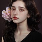 Portrait of young woman with dark wavy hair and flowers, fair skin, and gentle gaze