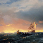 Dramatic Sunset Maritime Landscape with Sailing Ships