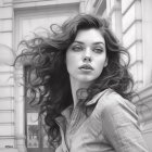 Monochromatic portrait of young woman with wavy hair and freckles