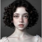 Young female portrait: curly black hair, freckled fair skin, blue eyes, pink flowers,