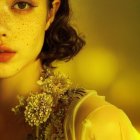 Detailed close-up of woman with yellow flowers, warm tones, freckles, and direct gaze.