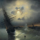 Stormy Night Seascape with Sailing Ship, Small Boat, and Lighthouse