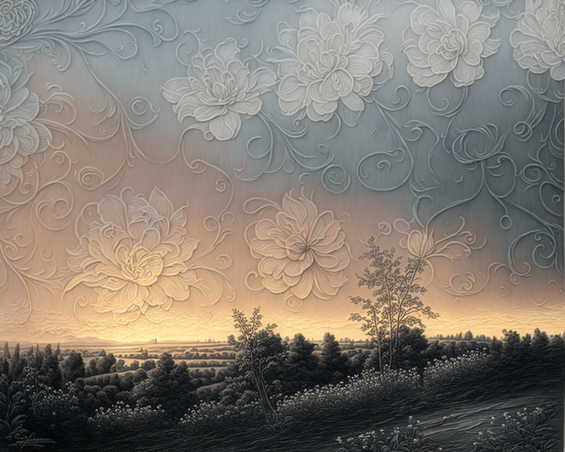 Landscape painting with floral overlay, trees, field, and changing sky.