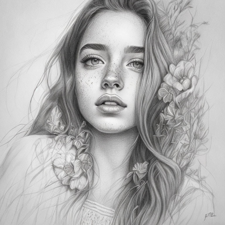 Young woman pencil sketch with freckles and floral hair adornments.