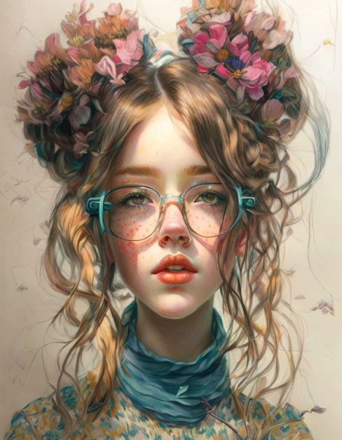 Digital painting: Young woman with freckles, glasses, and floral crown.