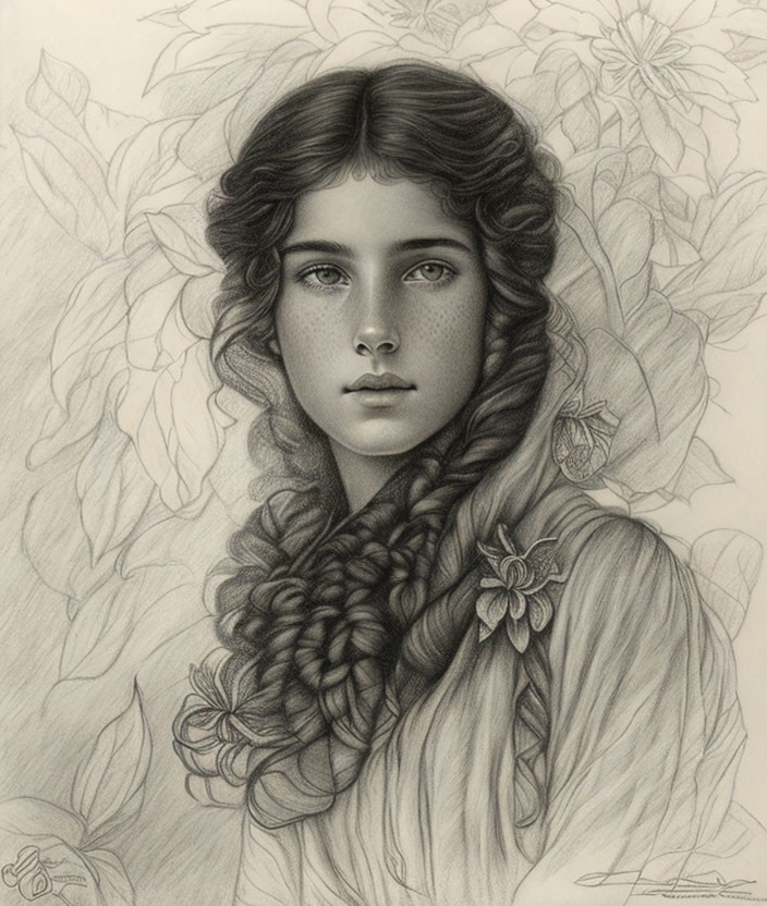 Detailed pencil sketch of young woman with braided hair and flowers, showcasing serene beauty.