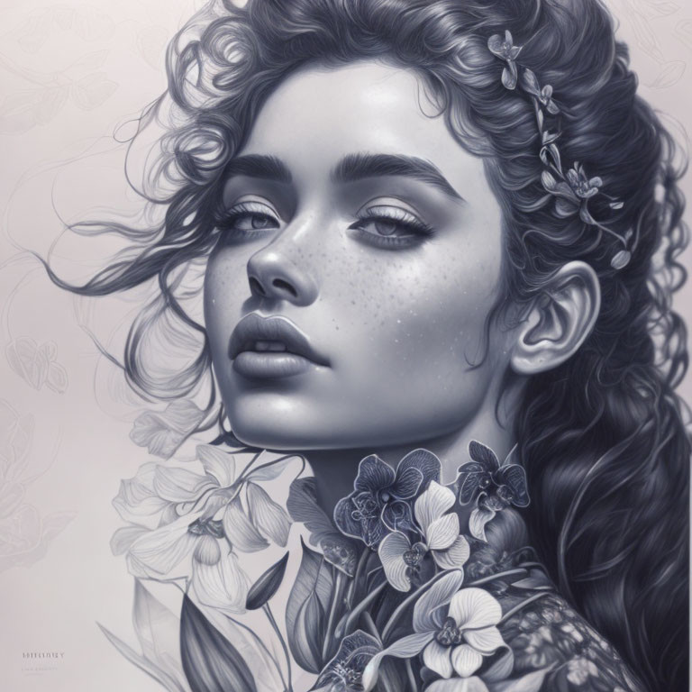 Monochromatic portrait of a woman with wavy hair and floral decorations