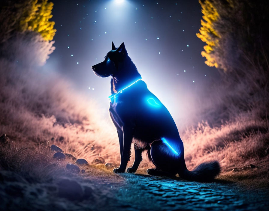 Glowing collar dog on path under starry sky