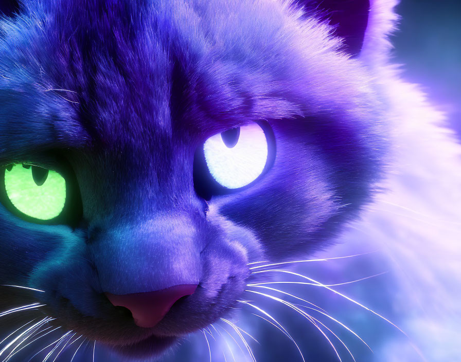 Fantastical purple cat with green eyes and luminous whiskers on blue background