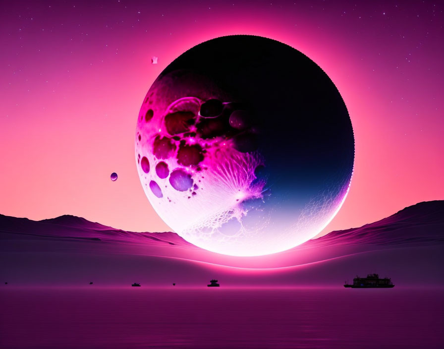 Large purple moon over pink desert with hovering spaceships and glowing lights