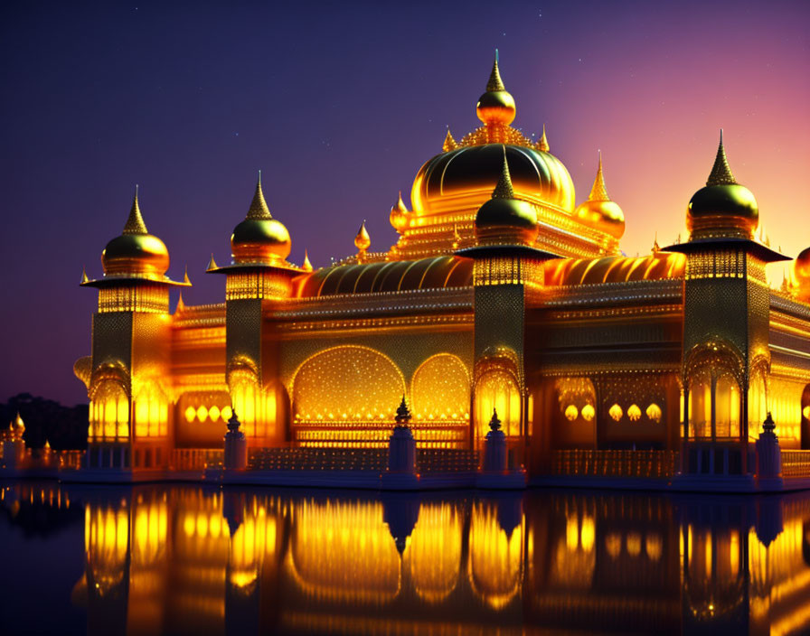 Ornate Palace with Domes and Spires Reflected in Water at Dusk