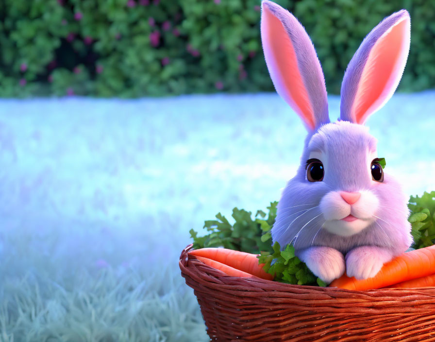 Animated rabbit in wicker basket with carrots and flowers