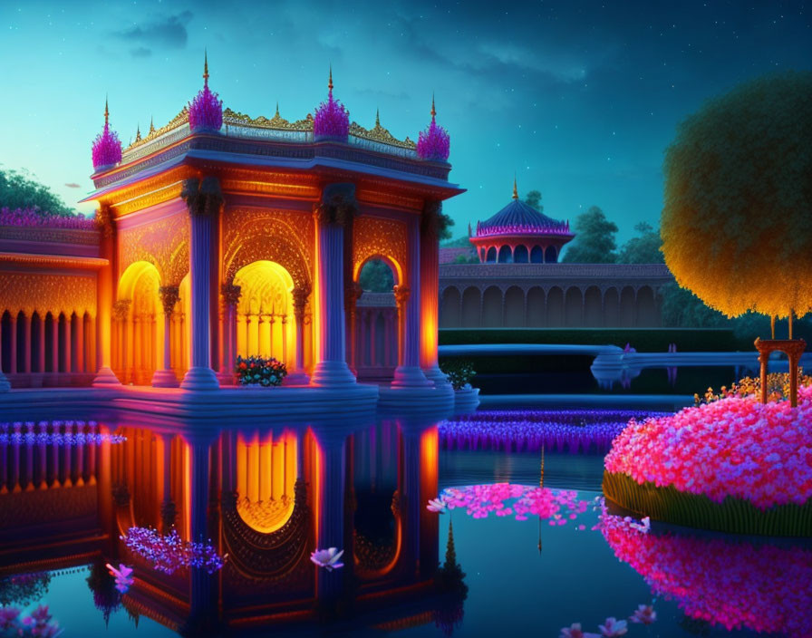 Vibrant illuminated palace reflected in tranquil water with blooming pink flowers