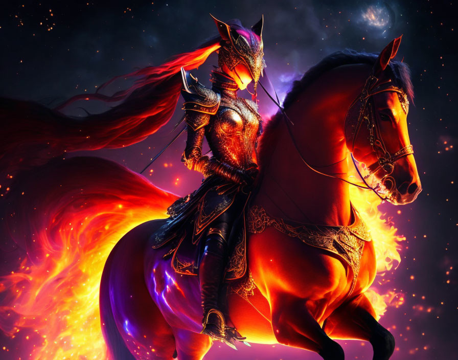 Ornate armored knight on fiery horse in cosmic setting