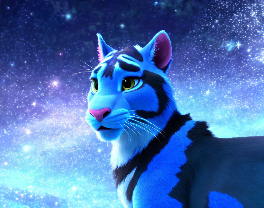 Vibrant 3D-animated tiger with blue fur and cosmic background