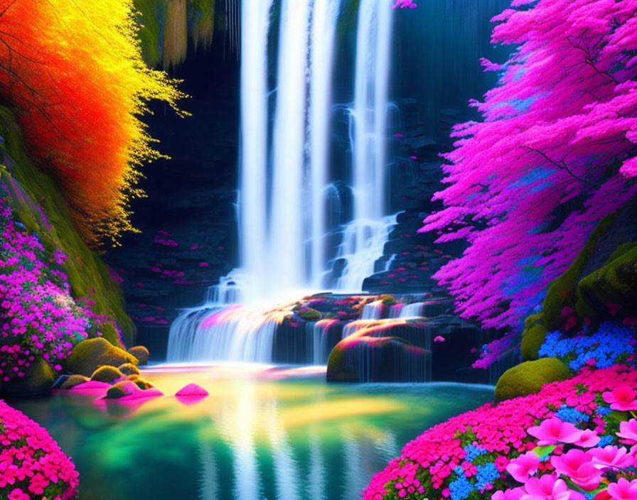 Vivid waterfall scene with colorful foliage