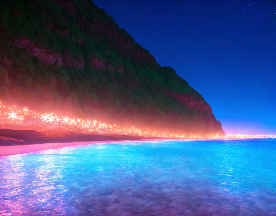 Vibrant night beach scene with neon-lit cliff and starry sky