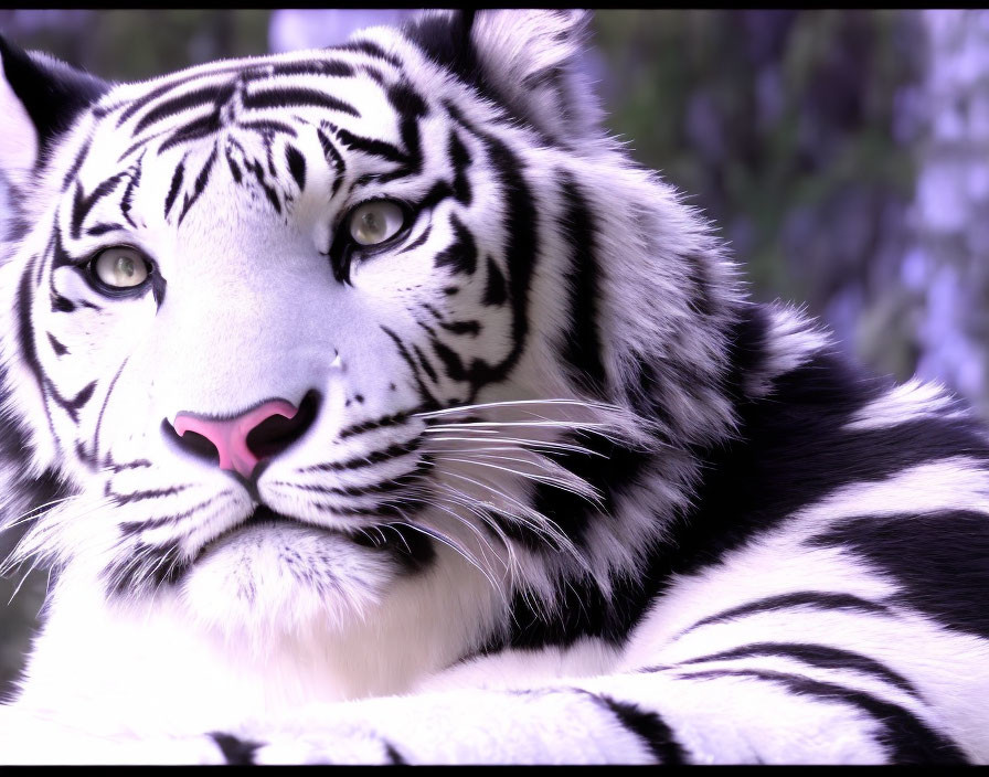 White Tiger Close-Up: Striped, Blue Eyes, Pink Nose