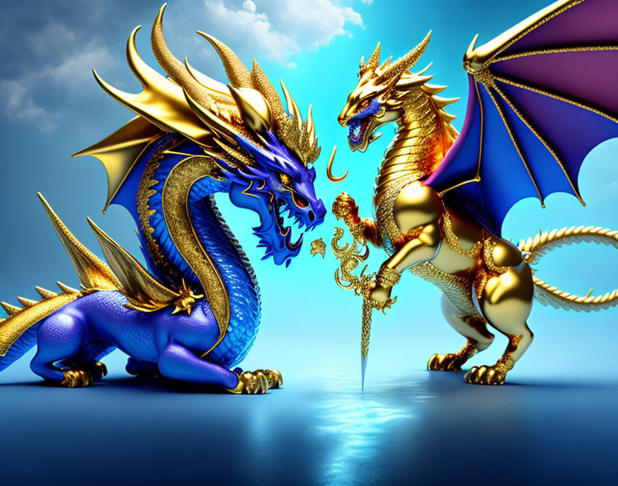 Intricately designed blue and gold dragons against vibrant sky