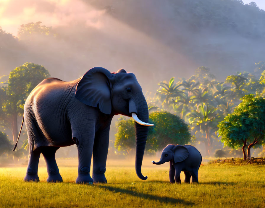 Adult and calf elephants in sunlit meadow with lush trees - serene natural habitat