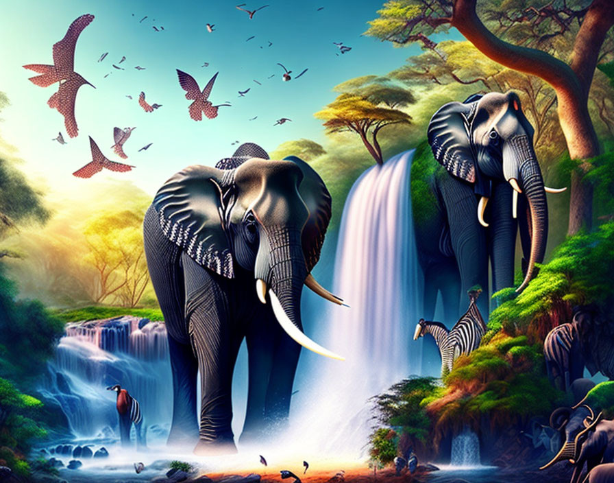 Elephants at Waterfall in Vibrant Jungle with Zebras and Birds