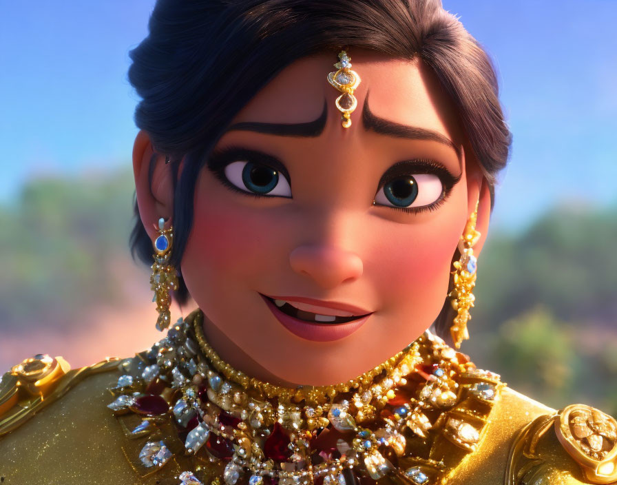 Animated character with dark hair and gold jewelry smiling on blurred background