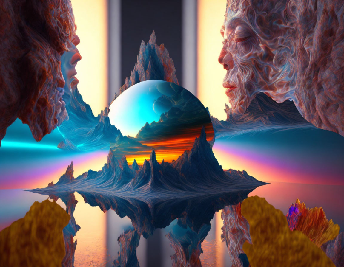 Surreal artwork: Mirrored rocky faces, crystal orb, vibrant landscape