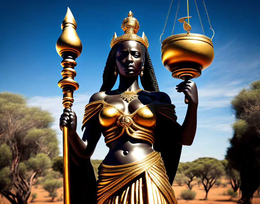 Dark-skinned Libra woman illustration with scales, gold jewelry, and crown in African savanna.