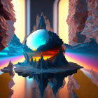 Surreal artwork: Mirrored rocky faces, crystal orb, vibrant landscape