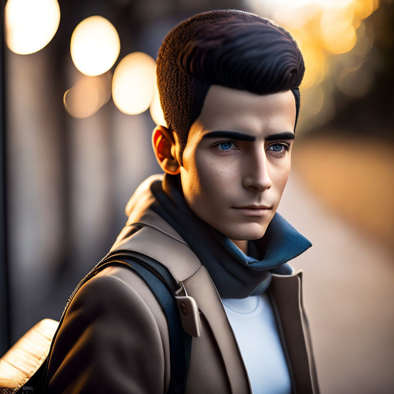 Young man in sharp hairstyle with jacket and backpack in 3D illustration