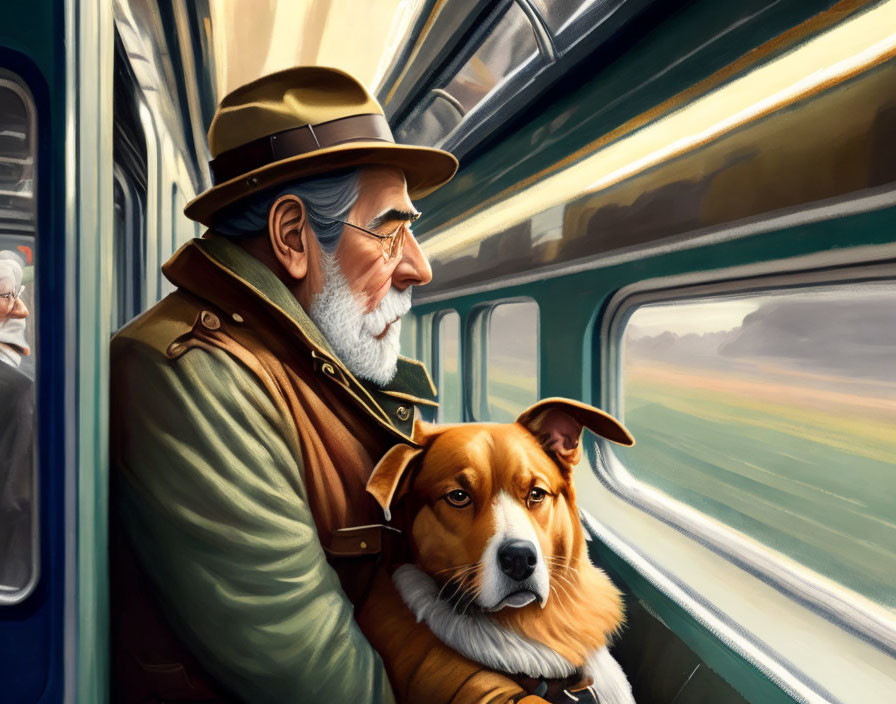 Elderly man with beard and dog on moving train gazes out window