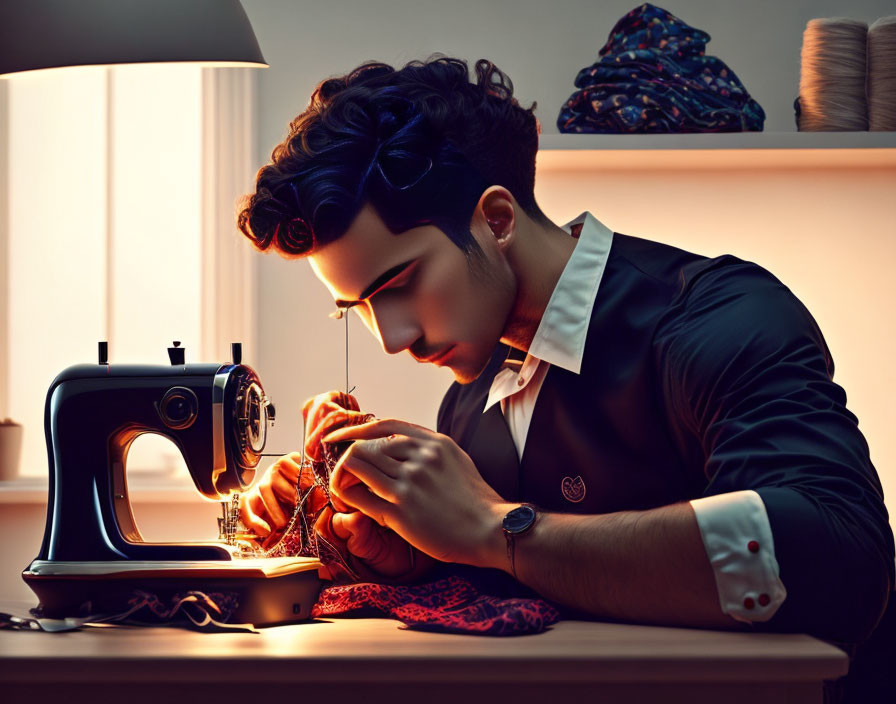 Person sewing with electric machine in warm light