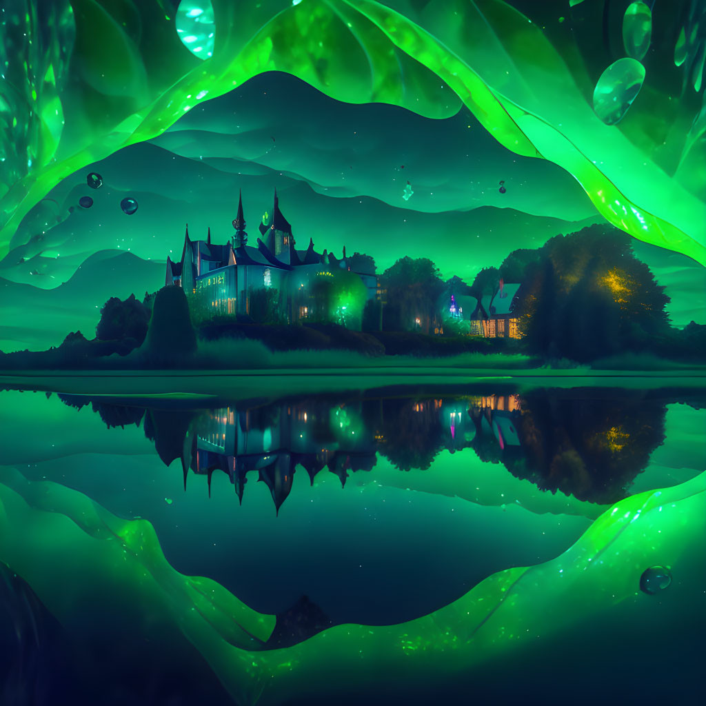 Nighttime forest with glowing green aurora, reflective lake, and mysterious castle.