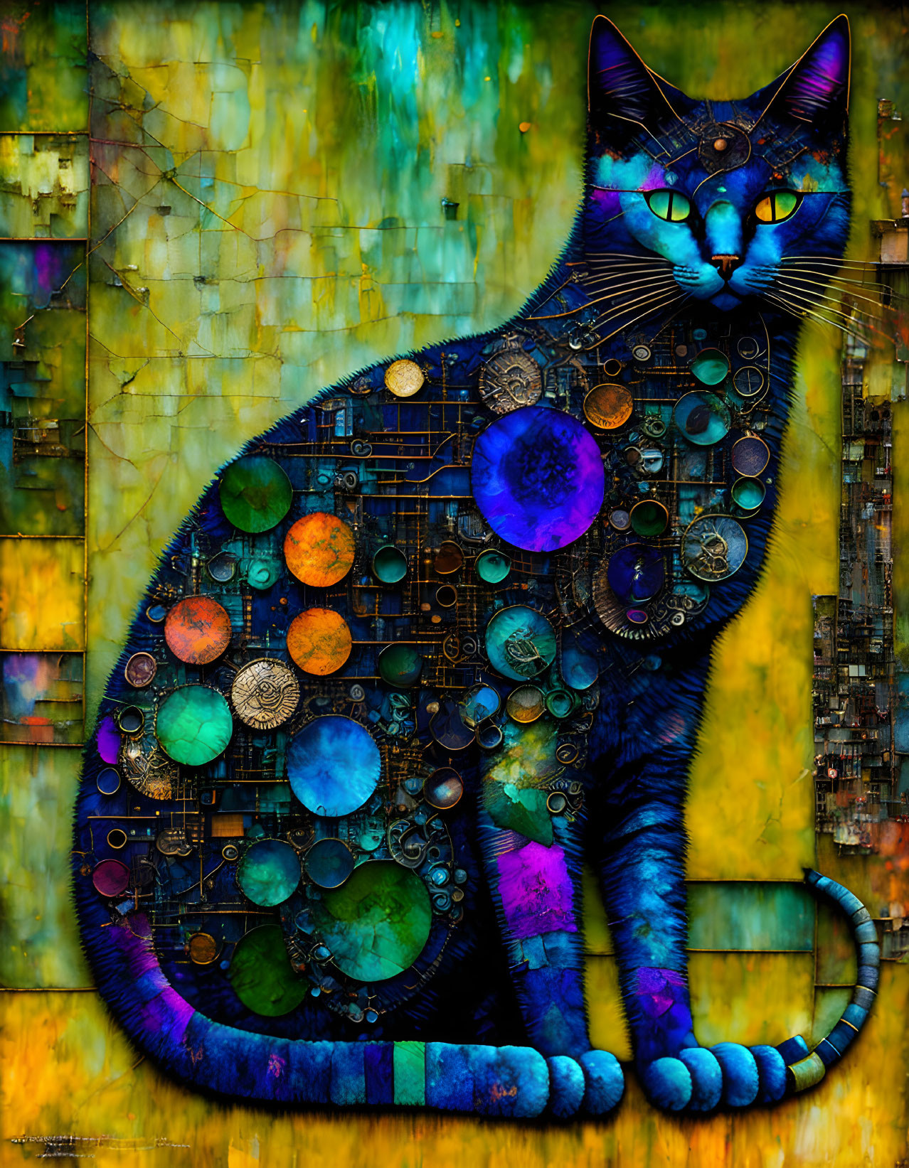 Colorful mosaic cat with glowing blue eyes in digital artwork