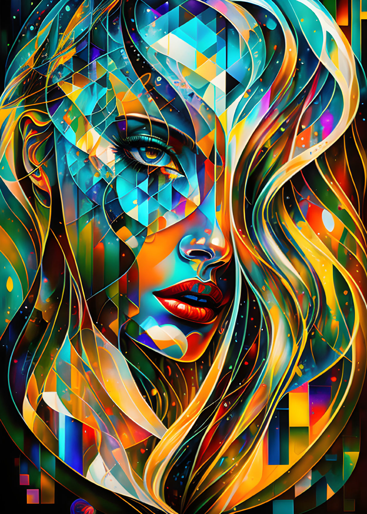 Vibrant digital art: woman's face with geometric patterns, blue, gold, orange swirls