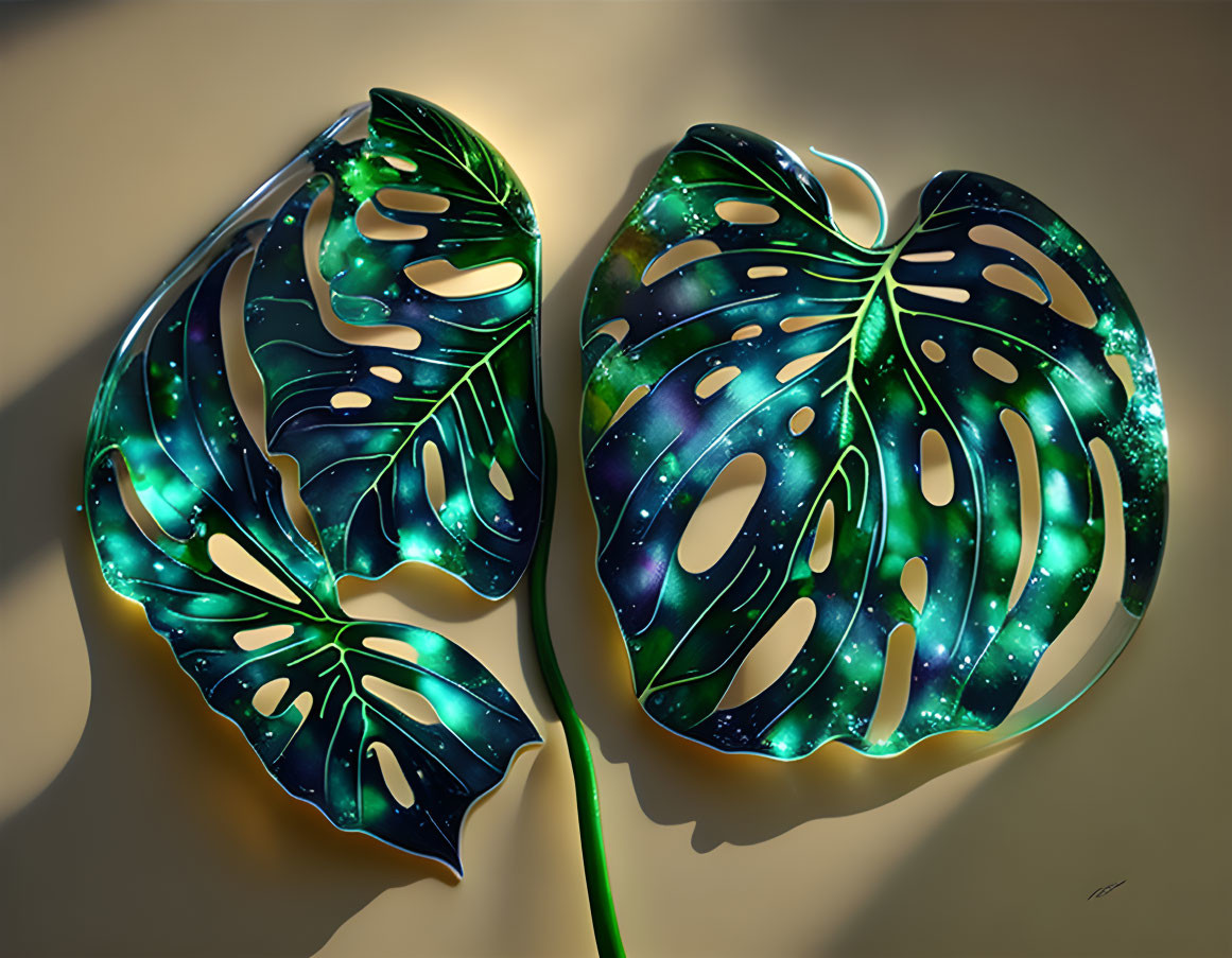 Digitally Illustrated Monstera Leaves with Cosmic Pattern