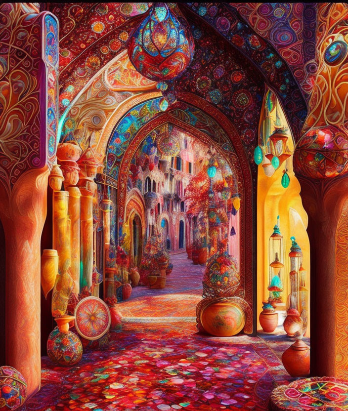 Colorful Middle-Eastern Bazaar with Intricate Patterns and Lanterns