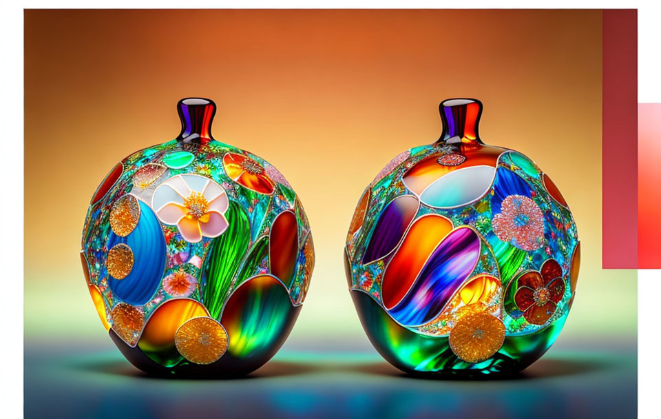 Colorful Glass Vases with Mosaic Flower Patterns on Gradient Background