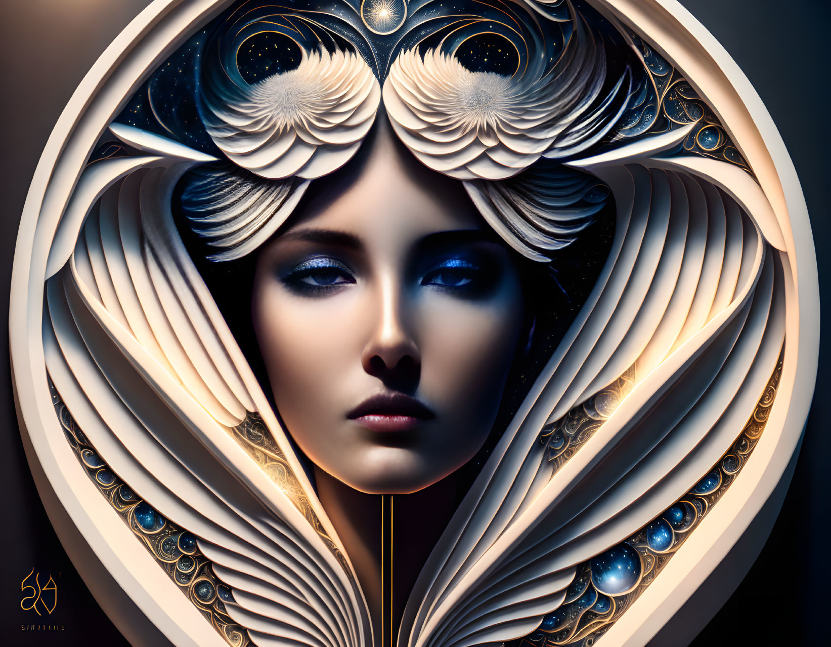 Woman with ornate wings and crescent moon motifs in serene digital art