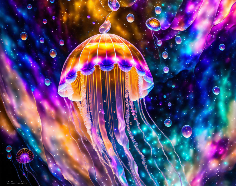 Colorful Jellyfish Artwork in Cosmic Space Environment