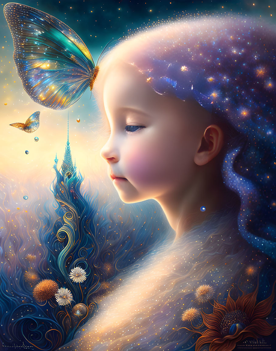 Child with starry glow gazes at butterfly in cosmic backdrop