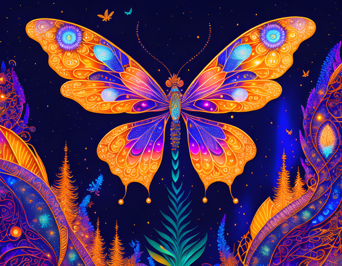 Colorful Butterfly Artwork with Night Sky and Flora