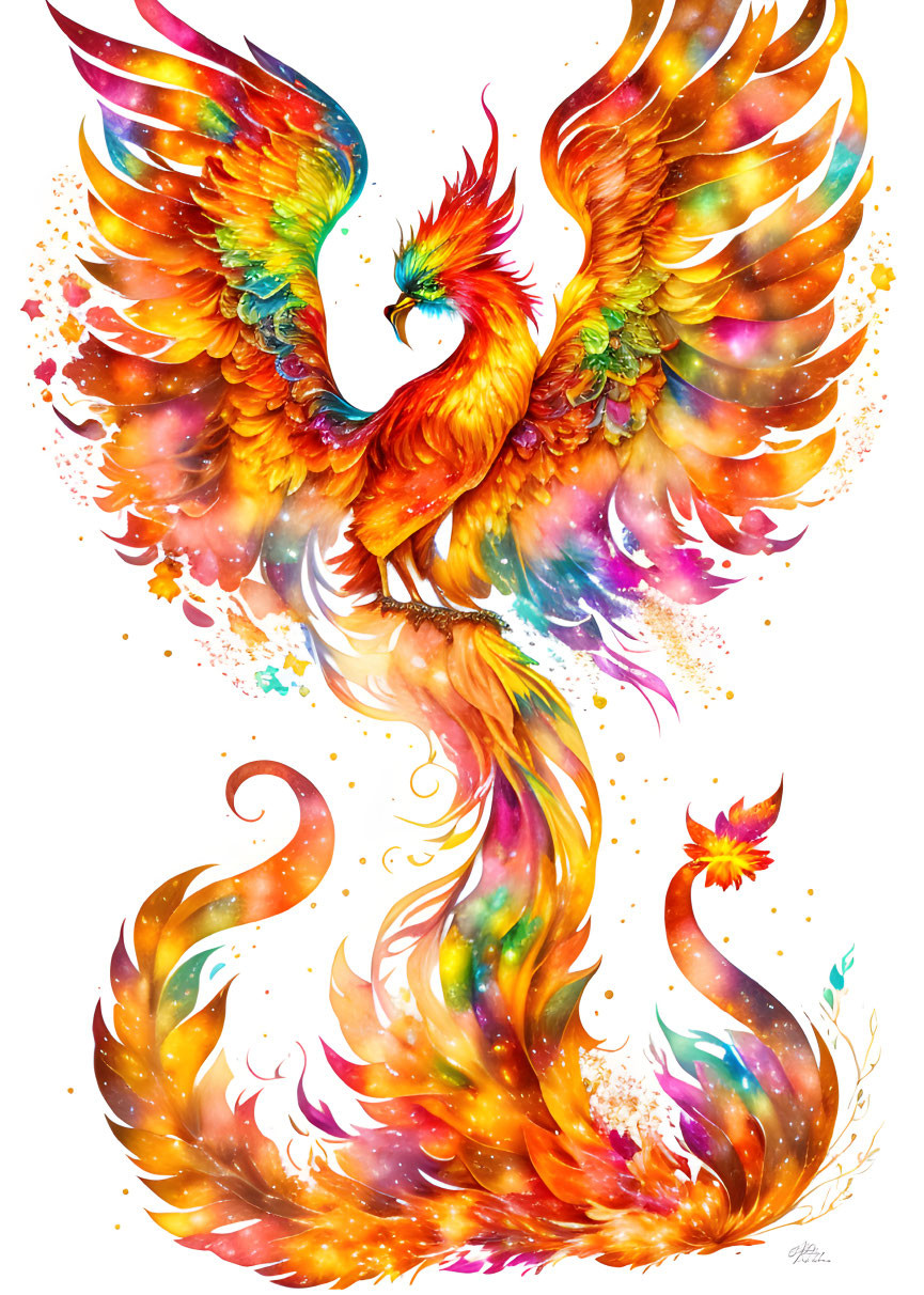 Colorful Phoenix Illustration with Fiery Wings and Tail in Dynamic Pose