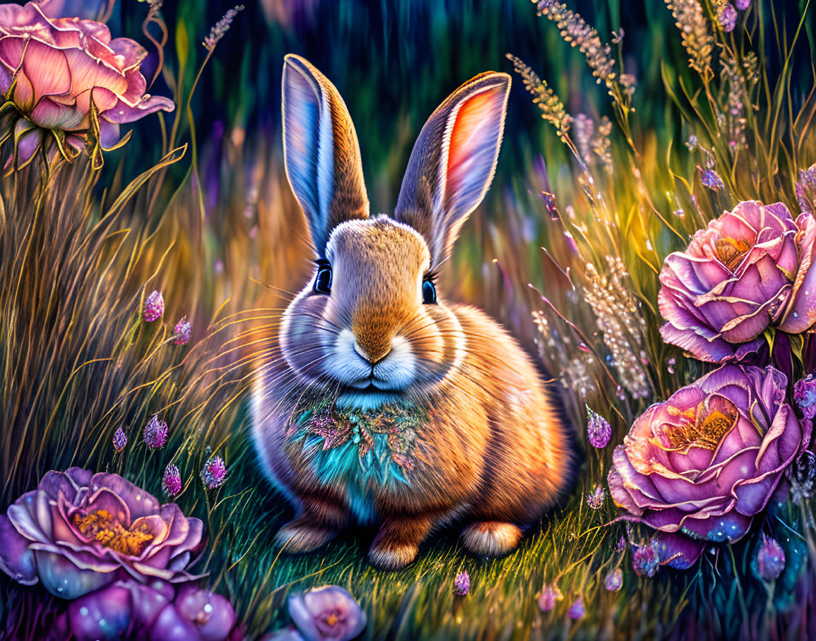 Colorful Rabbit Illustration with Flowers in Vibrant Detail