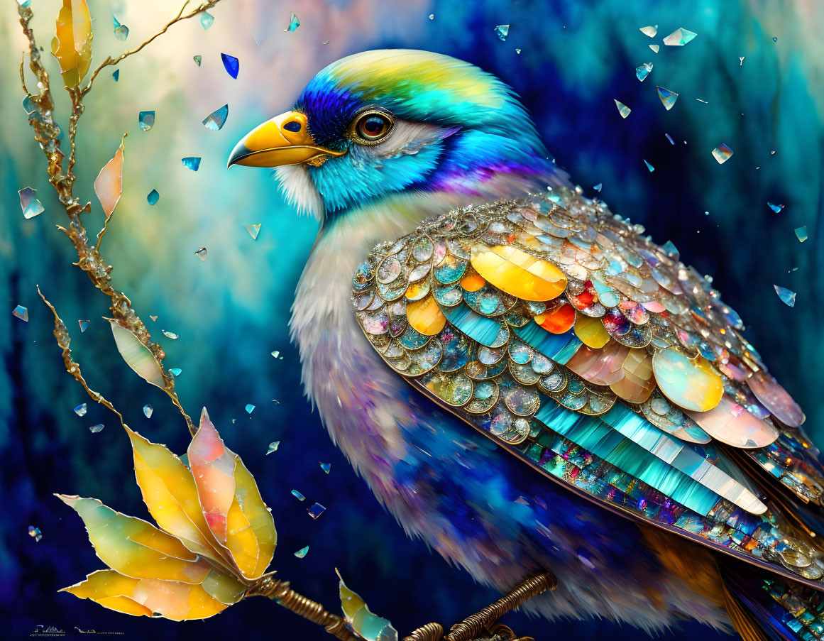 Colorful Bird on Branch with Floating Leaves in Multicolored Scene