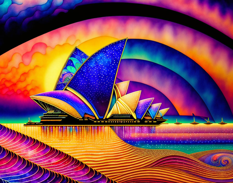 Colorful Psychedelic Sydney Opera House Art with Rainbow and Stars