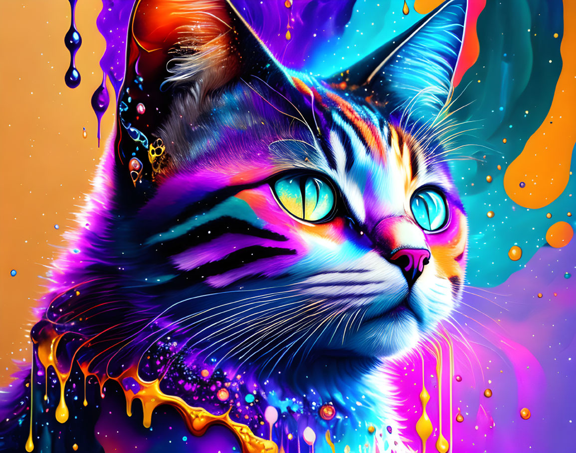 Colorful digital cat art with neon hues and cosmic theme.