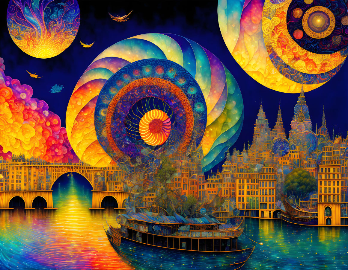 Colorful Psychedelic Art: Celestial Array Over Fantasy Cityscape